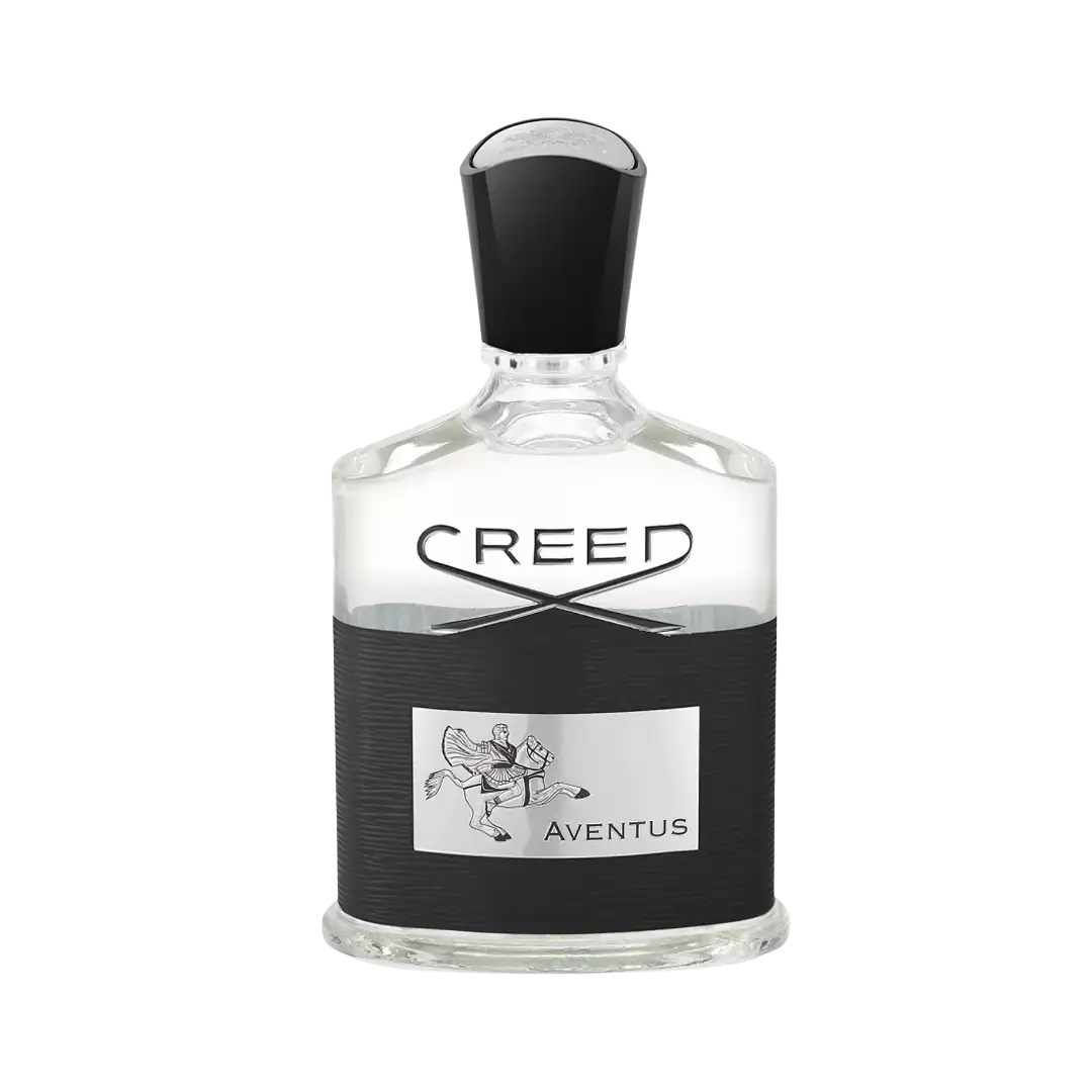 Clear glass bottle with black cap and textured black band, featuring a silver label with the ’creed’ logo above an illustration of a winged figure on horseback labeled ’aventus.’