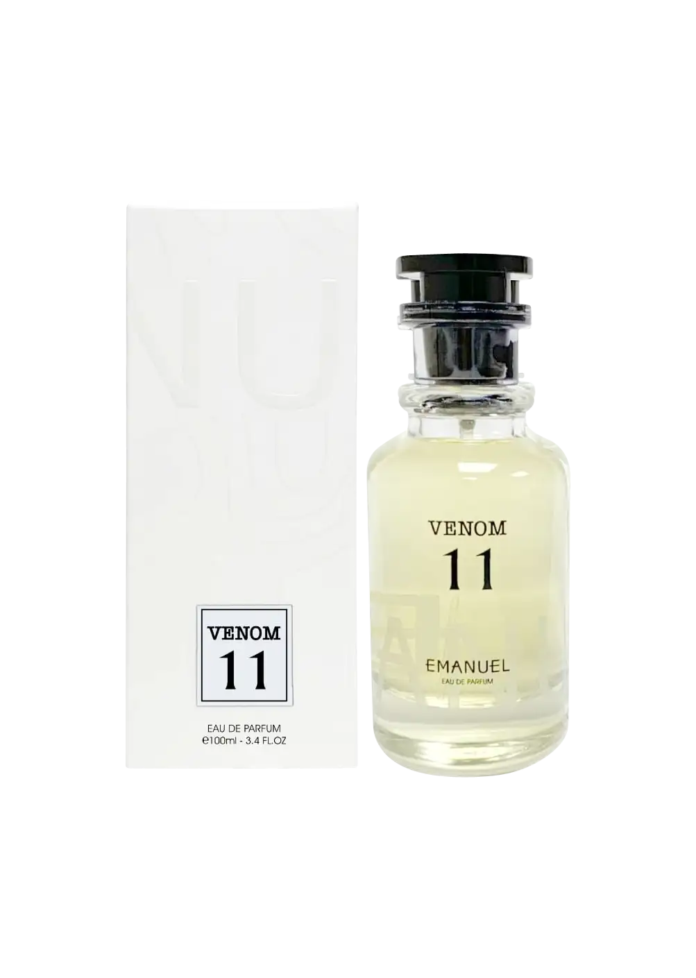 Clear glass bottle of venom 11 eau de parfum by emanuel, featuring a black cap and minimalist label design.
