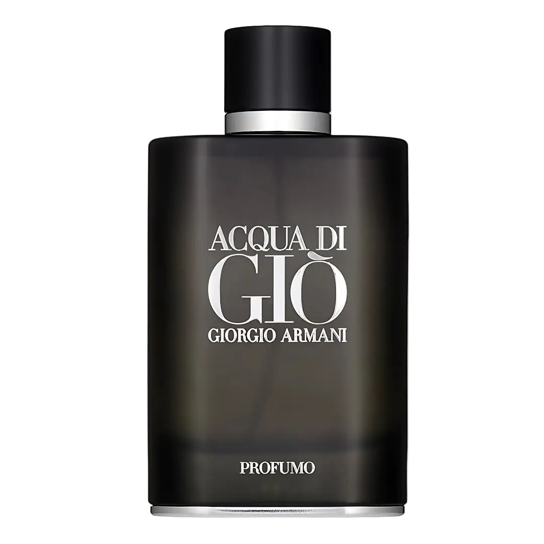 Dark gray rectangular glass bottle of giorgio armani acqua di gio perfume with a black cap and silver band.