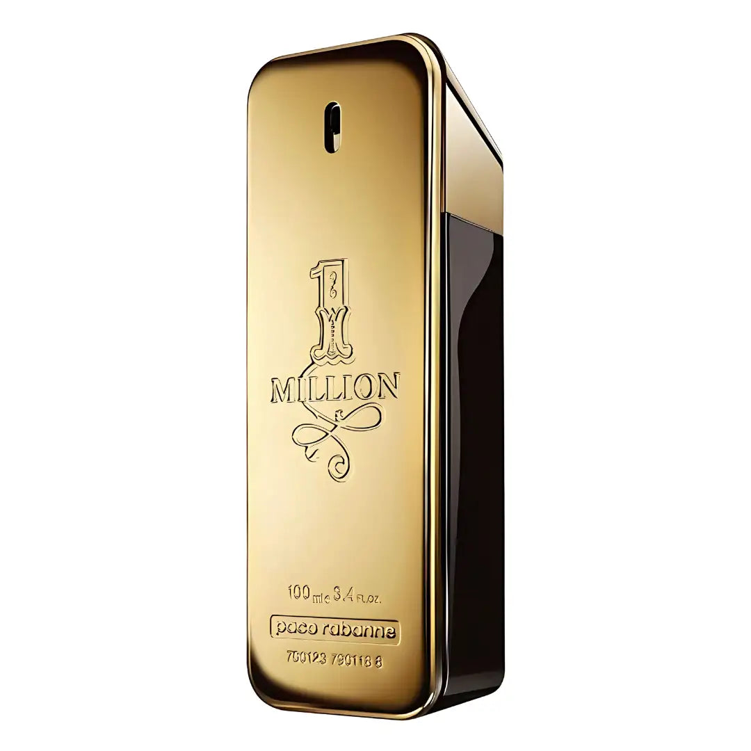 Gold-colored, rectangular perfume bottle with a black side panel and embossed ’1 million’ branding.