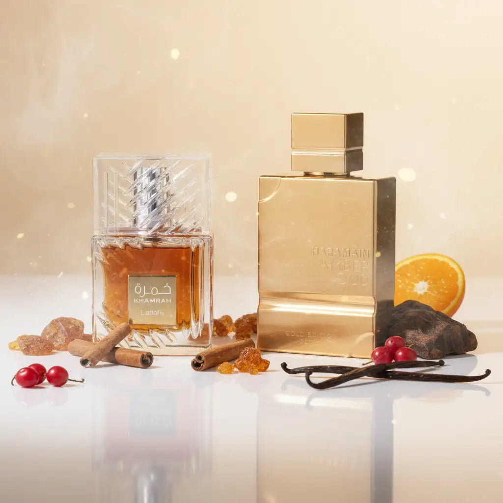 Golden rectangular perfume bottle with a matching cap and embossed branding.