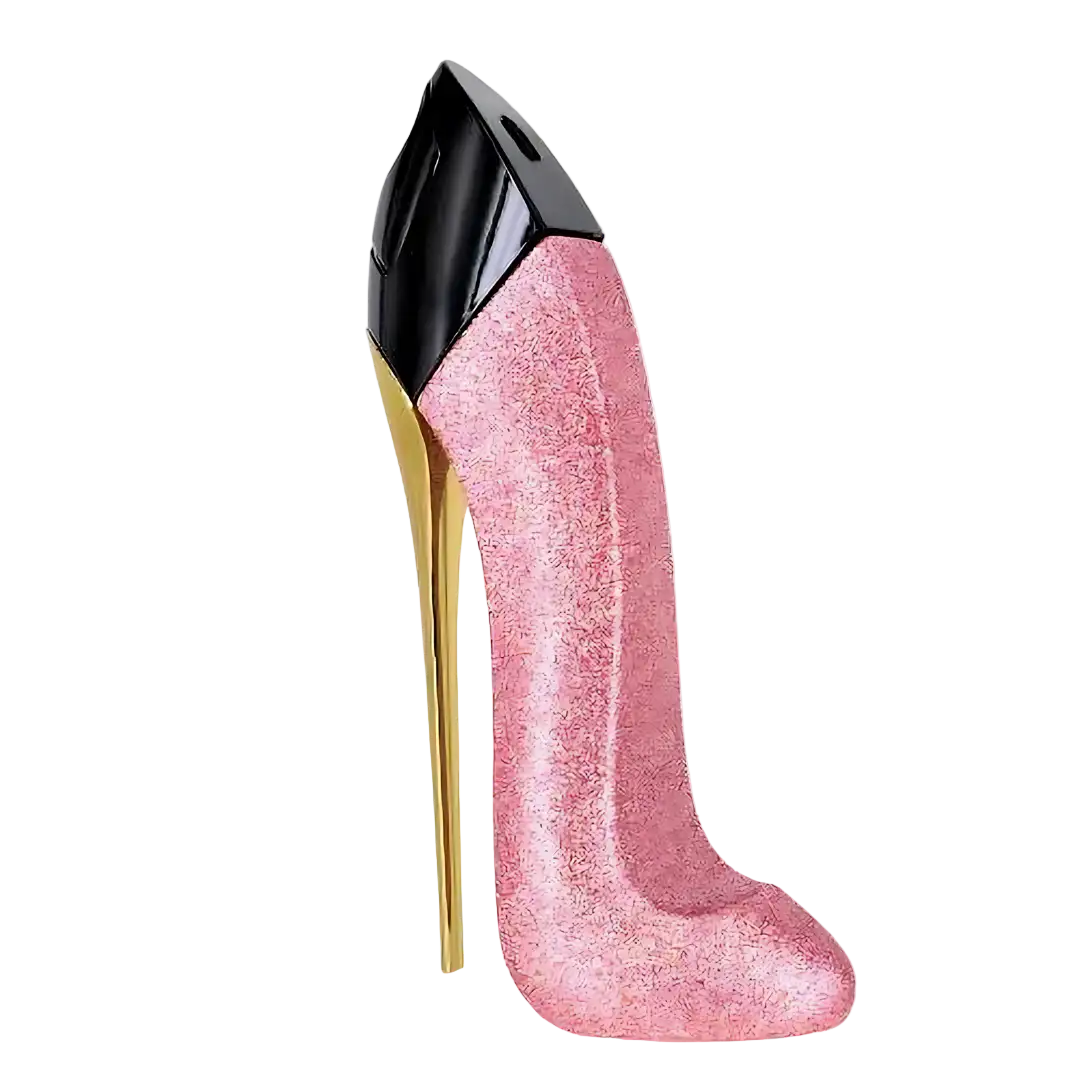 Pink glittery high-heeled shoe-shaped perfume bottle with a black cap and gold heel.