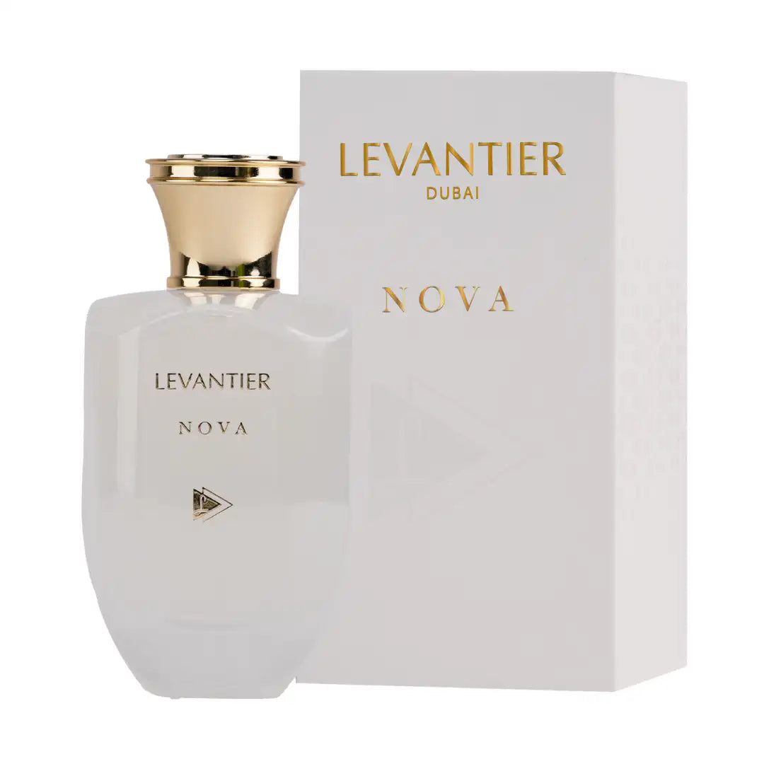 A sleek, frosted white glass perfume bottle with a gold-toned cap and minimalist branding.