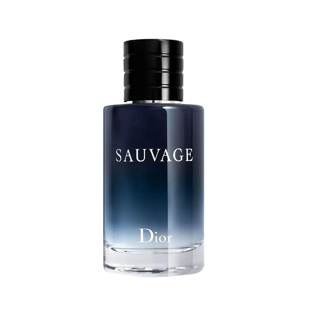 A sleek, transparent glass bottle of dior sauvage eau de toilette with a gradient blue liquid and a black ribbed cap.