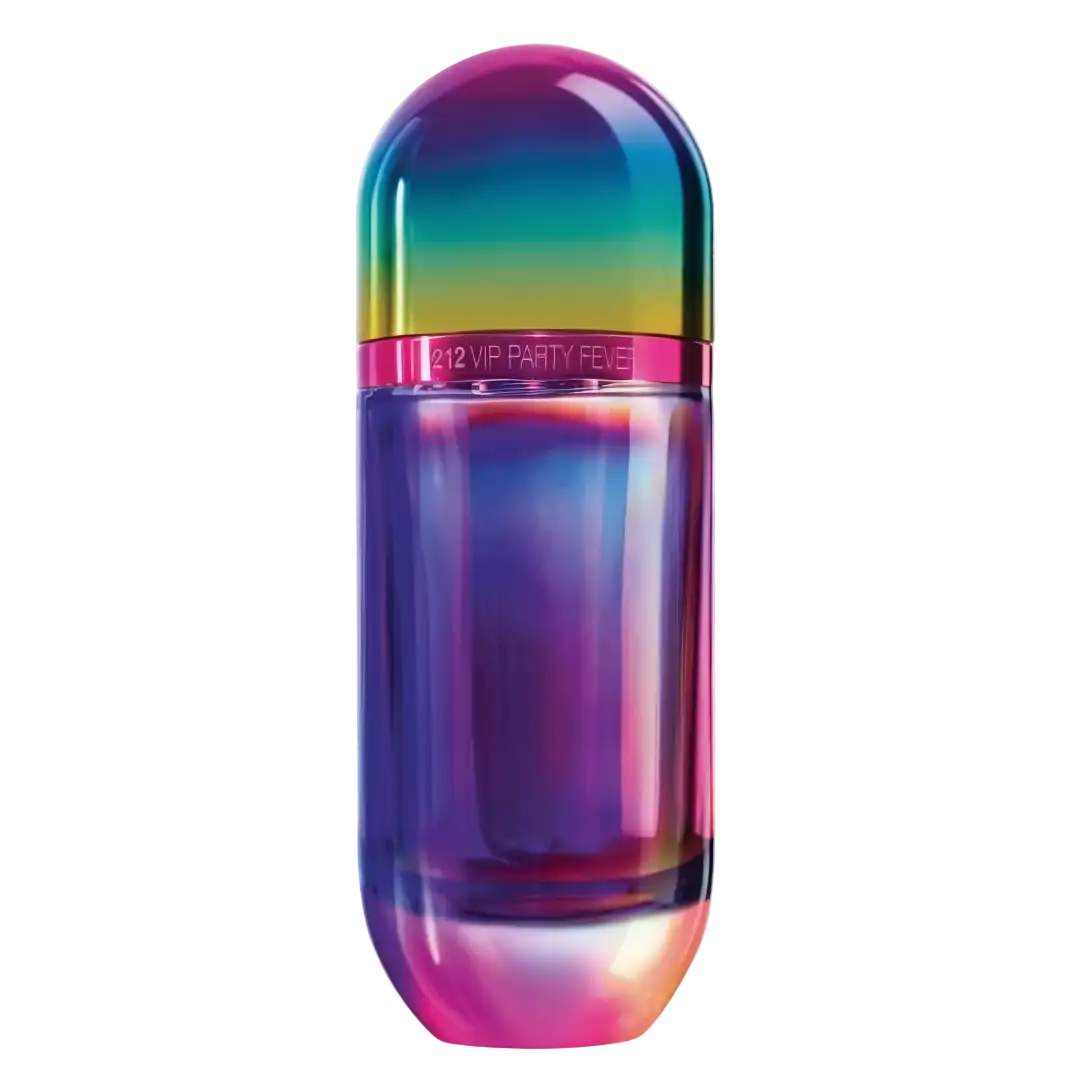 A vibrant, iridescent glass perfume bottle with a sleek capsule design and rainbow gradient finish.